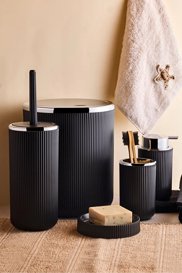 5 Parça Siyah Lisbone Gümüş Akrilik Banyo Seti Takımı Sıvı Sabunluk